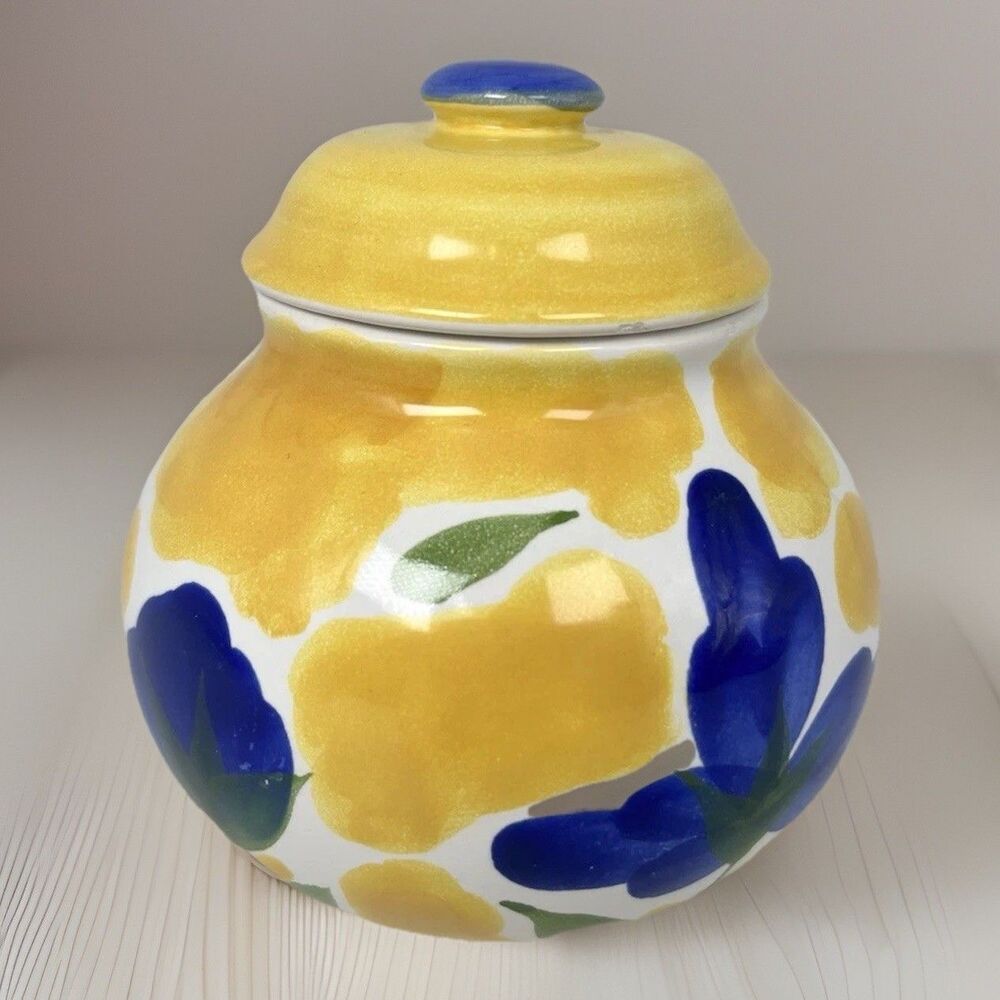 Dansk Portugal Hand Painted St Tropez Sugar Bowl & Lid Yellow Blue Flower EUC